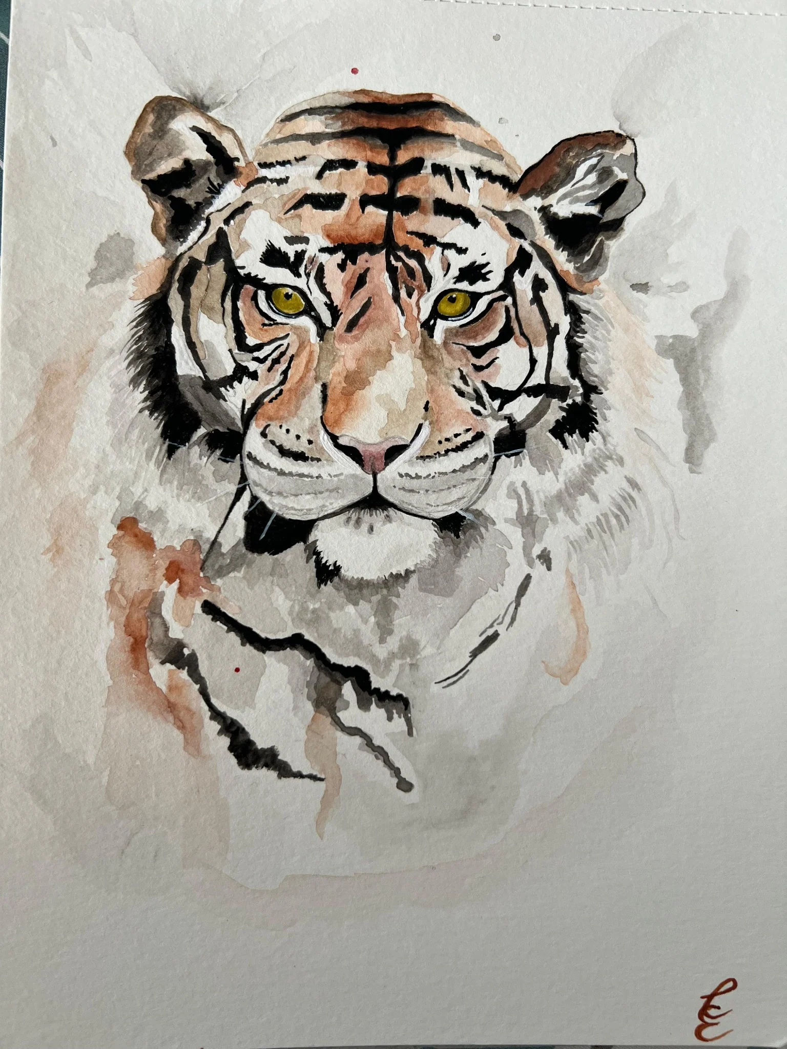 Acuarela de rostro de tigre de ojos amarillos